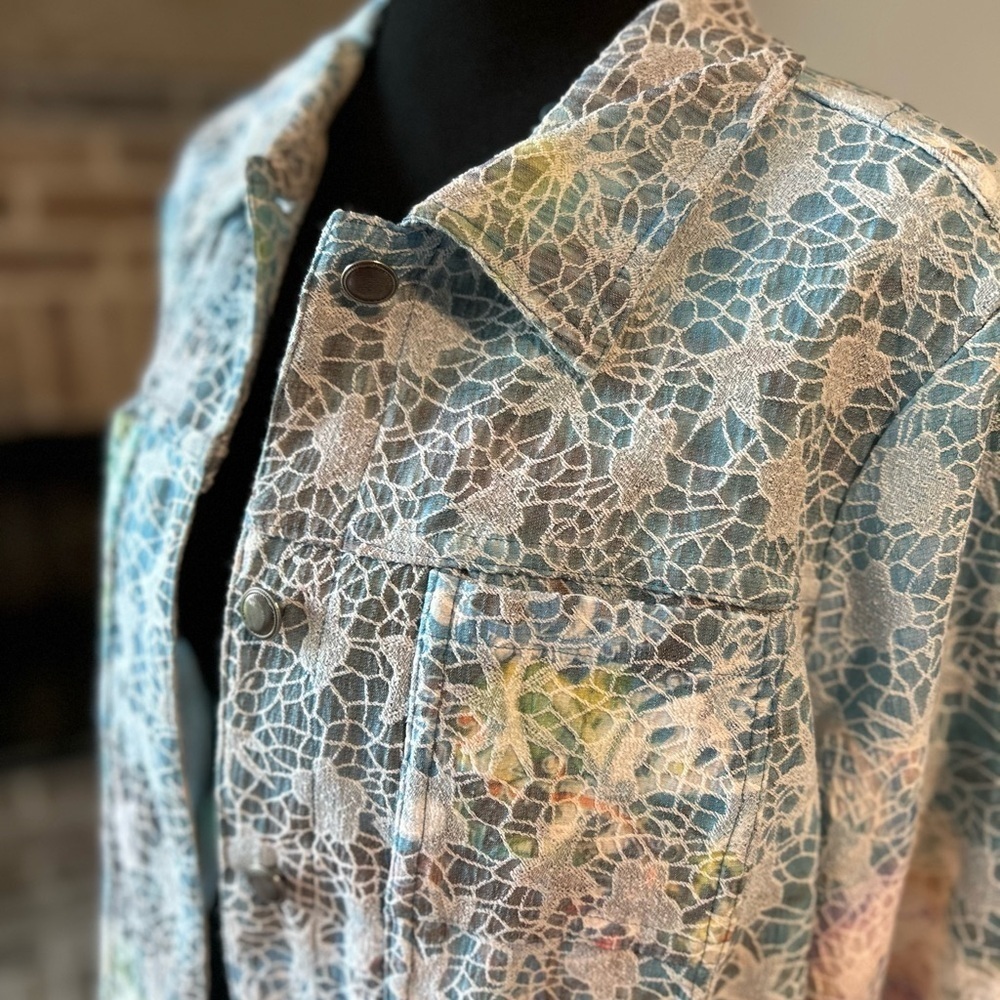 Kaktus Textured Pastel Peacock Jean Jacket Metal Buttons L Art to Wear Colorful - Picture 8 of 13